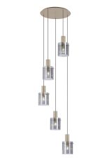 Brandroot Ribbed 66cm Round Pendant, 5 Light Adjustable E27, Light Gold/Smoke Wide Line Glass