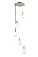 Brandroot Ribbed 66cm Round Pendant, 5 Light Adjustable E27, Light Gold/Gloss White Wide Line Glass