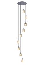 Brandroot Ribbed 86cm Round Pendant, 9 Light Adjustable E27, Dark Grey/Amber Narrow Line Glass