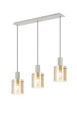 Brandroot Ribbed Linear Pendant, 3 Light Adjustable E27, Beige Stone/Amber Narrow Line Glass