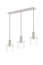 Brandroot Ribbed Linear Pendant, 3 Light Adjustable E27, Beige Stone/Clear Narrow Line Glass