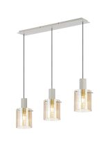 Brandroot Ribbed Linear Pendant, 3 Light Adjustable E27, Beige Stone/Amber Wide Line Glass