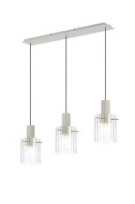 Brandroot Ribbed Linear Pendant, 3 Light Adjustable E27, Beige Stone/Clear Wide Line Glass