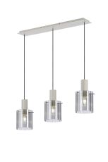 Brandroot Ribbed Linear Pendant, 3 Light Adjustable E27, Beige Stone/Smoke Wide Line Glass