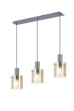 Brandroot Ribbed Linear Pendant, 3 Light Adjustable E27, Dark Grey/Amber Narrow Line Glass