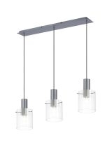 Brandroot Ribbed Linear Pendant, 3 Light Adjustable E27, Dark Grey/Clear Narrow Line Glass