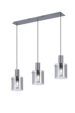 Brandroot Ribbed Linear Pendant, 3 Light Adjustable E27, Dark Grey/Smoke Narrow Line Glass