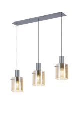 Brandroot Ribbed Linear Pendant, 3 Light Adjustable E27, Dark Grey/Amber Wide Line Glass