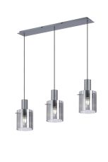 Brandroot Ribbed Linear Pendant, 3 Light Adjustable E27, Dark Grey/Smoke Wide Line Glass