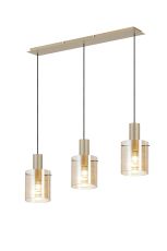 Brandroot Ribbed Linear Pendant, 3 Light Adjustable E27, Light Gold/Amber Narrow Line Glass