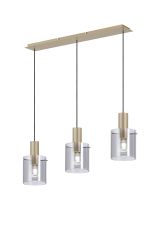 Brandroot Ribbed Linear Pendant, 3 Light Adjustable E27, Light Gold/Smoke Narrow Line Glass