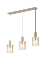 Brandroot Ribbed Linear Pendant, 3 Light Adjustable E27, Light Gold/Amber Wide Line Glass