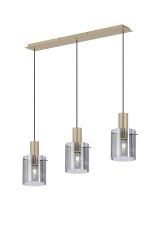 Brandroot Ribbed Linear Pendant, 3 Light Adjustable E27, Light Gold/Smoke Wide Line Glass