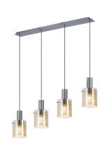 Brandroot Ribbed Linear Pendant, 4 Light Adjustable E27, Dark Grey/Amber Wide Line Glass