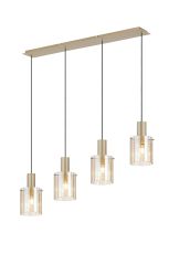 Brandroot Ribbed Linear Pendant, 4 Light Adjustable E27, Light Gold/Amber Wide Line Glass