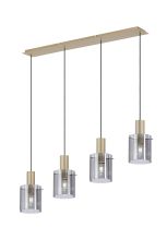 Brandroot Ribbed Linear Pendant, 4 Light Adjustable E27, Light Gold/Smoke Wide Line Glass