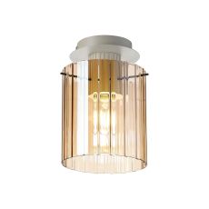 Brandroot Ribbed 21cm Round Ceiling Flush, 1 Light Flush Fitting E27, Beige Stone/Amber Wide Line Glass