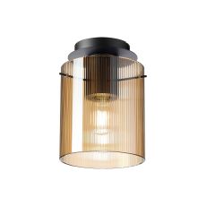 Brandroot Ribbed 21cm Round Ceiling Flush, 1 Light Flush Fitting E27, Dark Grey/Amber Narrow Line Glass