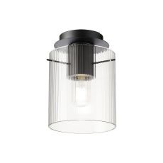 Brandroot Ribbed 21cm Round Ceiling Flush, 1 Light Flush Fitting E27, Dark Grey/Clear Narrow Line Glass