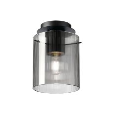 Brandroot Ribbed 21cm Round Ceiling Flush, 1 Light Flush Fitting E27, Dark Grey/Smoke Narrow Line Glass