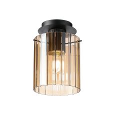 Brandroot Ribbed 21cm Round Ceiling Flush, 1 Light Flush Fitting E27, Dark Grey/Amber Wide Line Glass