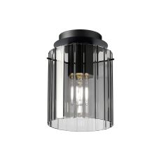 Brandroot Ribbed 21cm Round Ceiling Flush, 1 Light Flush Fitting E27, Dark Grey/Smoke Wide Line Glass