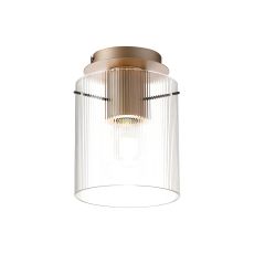 Brandroot Ribbed 21cm Round Ceiling Flush, 1 Light Flush Fitting E27, Light Gold/Clear Narrow Line Glass