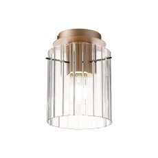 Brandroot Ribbed 21cm Round Ceiling Flush, 1 Light Flush Fitting E27, Light Gold/Clear Wide Line Glass