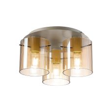 Brandroot Ribbed 41cm Round Ceiling Flush, 3 Light Flush Fitting E27, Beige Stone/Amber Narrow Line Glass