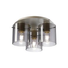 Brandroot Ribbed 41cm Round Ceiling Flush, 3 Light Flush Fitting E27, Beige Stone/Smoke Narrow Line Glass