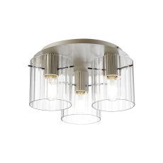 Brandroot Ribbed 41cm Round Ceiling Flush, 3 Light Flush Fitting E27, Beige Stone/Clear Wide Line Glass