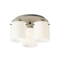 Brandroot Ribbed 41cm Round Ceiling Flush, 3 Light Flush Fitting E27, Beige Stone/Gloss White Wide Line Glass