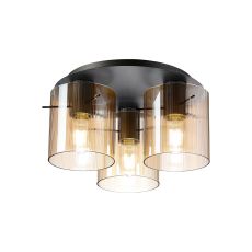 Brandroot Ribbed 41cm Round Ceiling Flush, 3 Light Flush Fitting E27, Dark Grey/Amber Narrow Line Glass