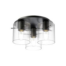 Brandroot Ribbed 41cm Round Ceiling Flush, 3 Light Flush Fitting E27, Dark Grey/Clear Narrow Line Glass