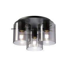 Brandroot Ribbed 41cm Round Ceiling Flush, 3 Light Flush Fitting E27, Dark Grey/Smoke Narrow Line Glass