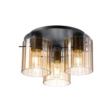 Brandroot Ribbed 41cm Round Ceiling Flush, 3 Light Flush Fitting E27, Dark Grey/Amber Wide Line Glass