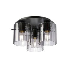 Brandroot Ribbed 41cm Round Ceiling Flush, 3 Light Flush Fitting E27, Dark Grey/Smoke Wide Line Glass