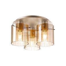 Brandroot Ribbed 41cm Round Ceiling Flush, 3 Light Flush Fitting E27, Light Gold/Amber Wide Line Glass