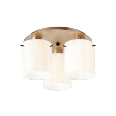 Brandroot Ribbed 41cm Round Ceiling Flush, 3 Light Flush Fitting E27, Light Gold/Gloss White Wide Line Glass