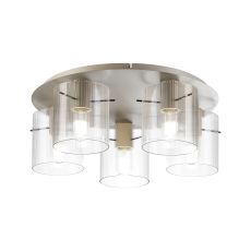 Brandroot Ribbed 56cm Round Ceiling Flush, 5 Light Flush Fitting E27, Beige Stone/Clear Narrow Line Glass