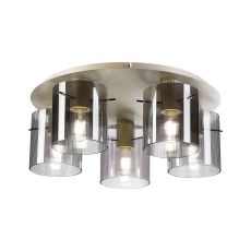 Brandroot Ribbed 56cm Round Ceiling Flush, 5 Light Flush Fitting E27, Beige Stone/Smoke Narrow Line Glass