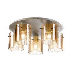 Brandroot Ribbed 56cm Round Ceiling Flush, 5 Light Flush Fitting E27, Beige Stone/Amber Wide Line Glass