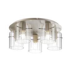 Brandroot Ribbed 56cm Round Ceiling Flush, 5 Light Flush Fitting E27, Beige Stone/Clear Wide Line Glass