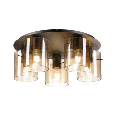 Brandroot Ribbed 56cm Round Ceiling Flush, 5 Light Flush Fitting E27, Dark Grey/Amber Narrow Line Glass