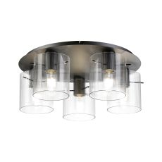 Brandroot Ribbed 56cm Round Ceiling Flush, 5 Light Flush Fitting E27, Dark Grey/Clear Narrow Line Glass