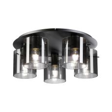 Brandroot Ribbed 56cm Round Ceiling Flush, 5 Light Flush Fitting E27, Dark Grey/Smoke Narrow Line Glass