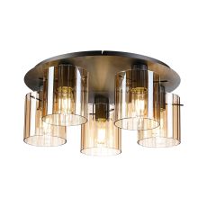 Brandroot Ribbed 56cm Round Ceiling Flush, 5 Light Flush Fitting E27, Dark Grey/Amber Wide Line Glass