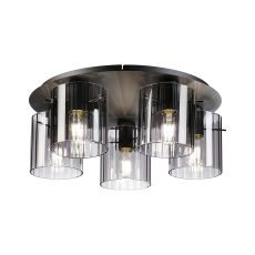 Brandroot Ribbed 56cm Round Ceiling Flush, 5 Light Flush Fitting E27, Dark Grey/Smoke Wide Line Glass