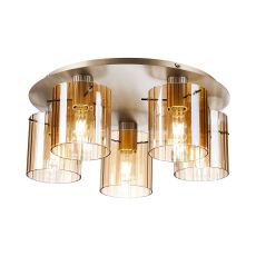 Brandroot Ribbed 56cm Round Ceiling Flush, 5 Light Flush Fitting E27, Light Gold/Amber Wide Line Glass