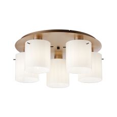 Brandroot Ribbed 56cm Round Ceiling Flush, 5 Light Flush Fitting E27, Light Gold/Gloss White Wide Line Glass